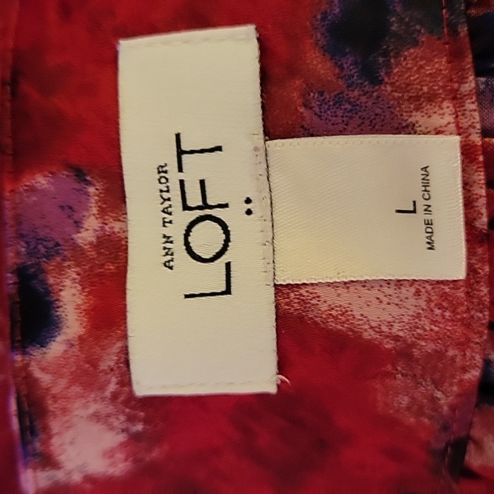 Ann Taylor Loft sleeveless top red purple print gathered neck stretch Large EUC - Picture 5 of 6
